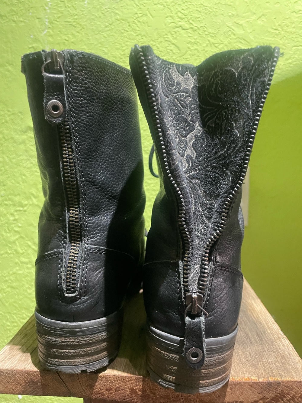 Pikolinos Black Leather Combat Boots Floral Back gothic punk grunge Zip Lace Up